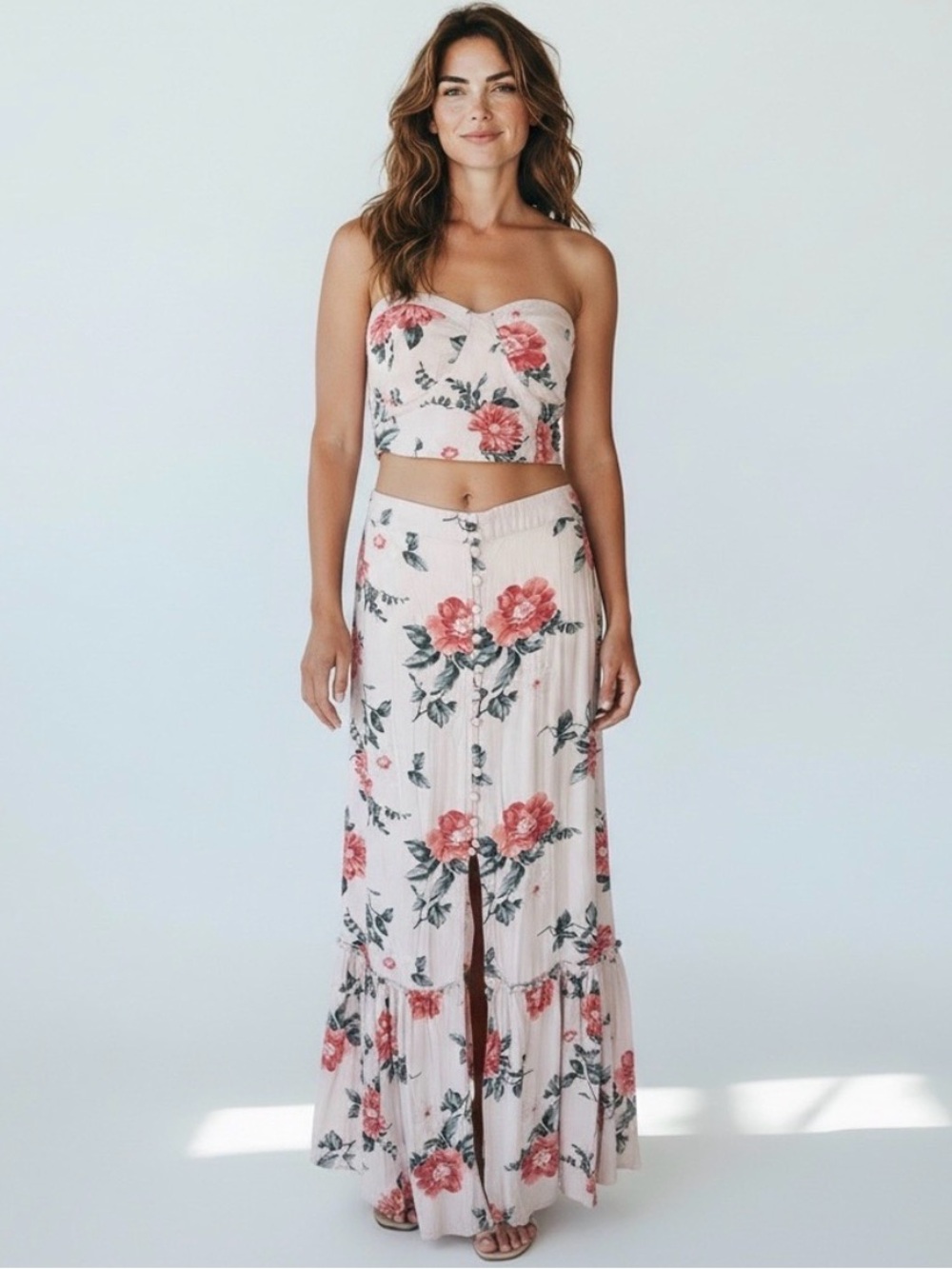 American Eagle Outfitters Blush Floral Button-Front Maxi Sm Skirt, XS top